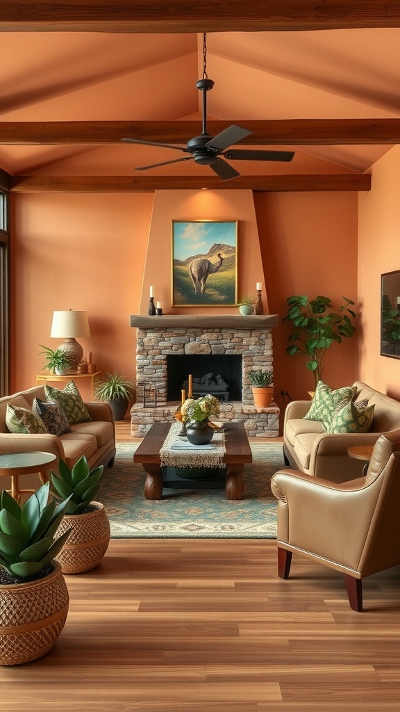 A cozy ranch-style living room with earthy color palettes, featuring orange walls, wooden beams, a stone fireplace, and green plants.