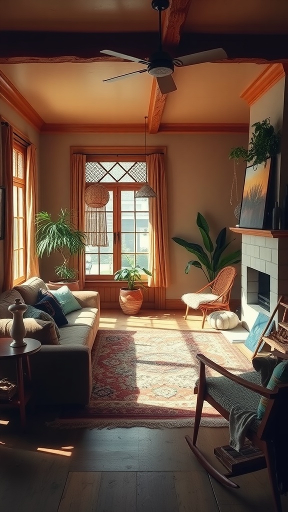 Cozy boho-style living room with earthy colors, plants, and natural light