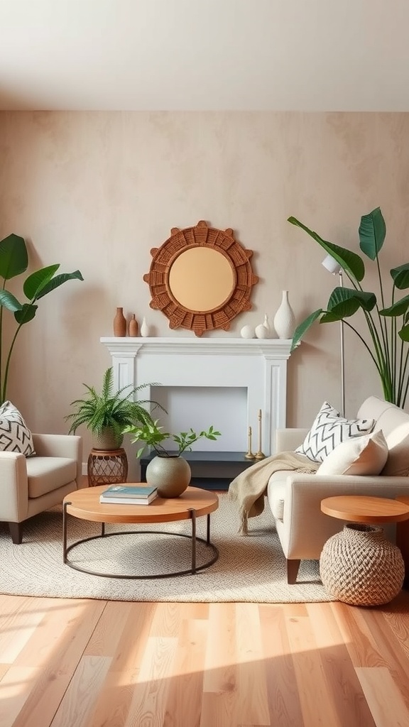 A modern boho living room featuring earthy colors, plants, and stylish furniture.