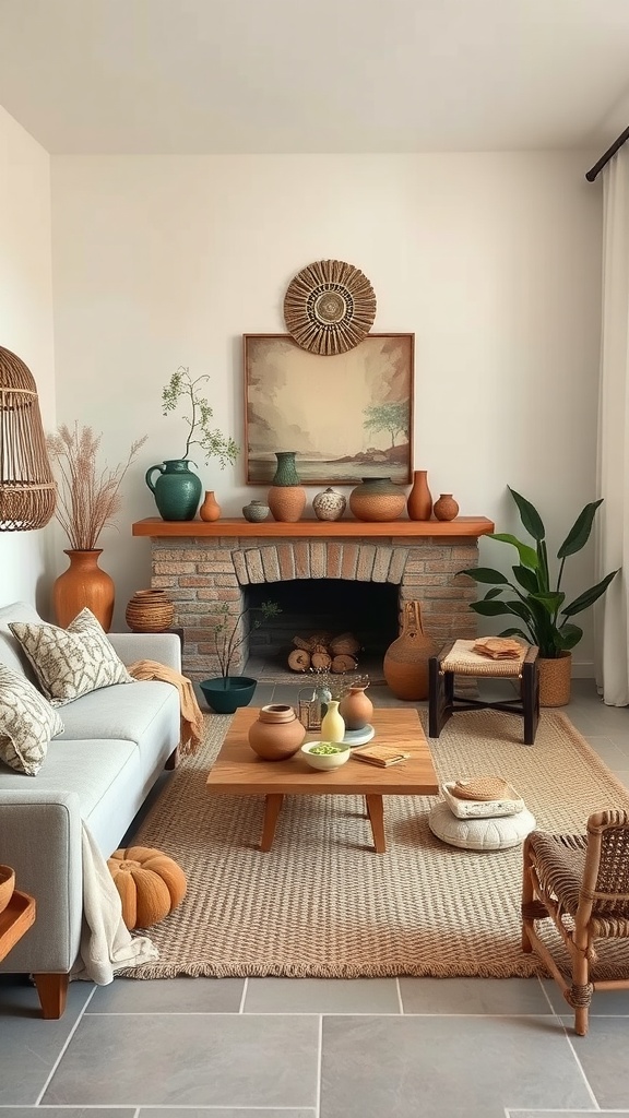 A cozy dark boho living room with earthy decorative accents, featuring clay pots, woven textures, and a warm color palette.