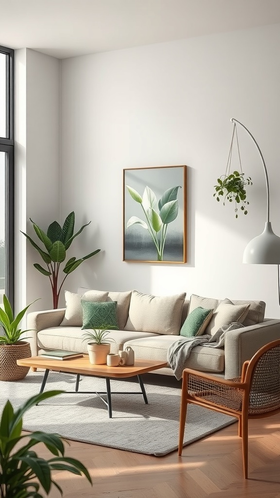 A cozy living room featuring earthy green accents, plants, and a neutral color palette