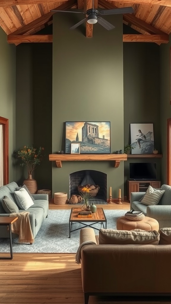 A cozy living room featuring earthy olive green walls with wooden beams, a rustic fireplace, and comfortable seating.