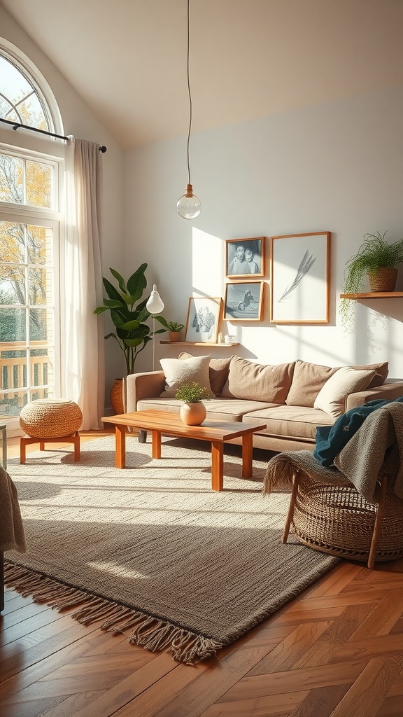 A cozy living room with earthy tones, featuring a textured rug, soft couch, and natural light.