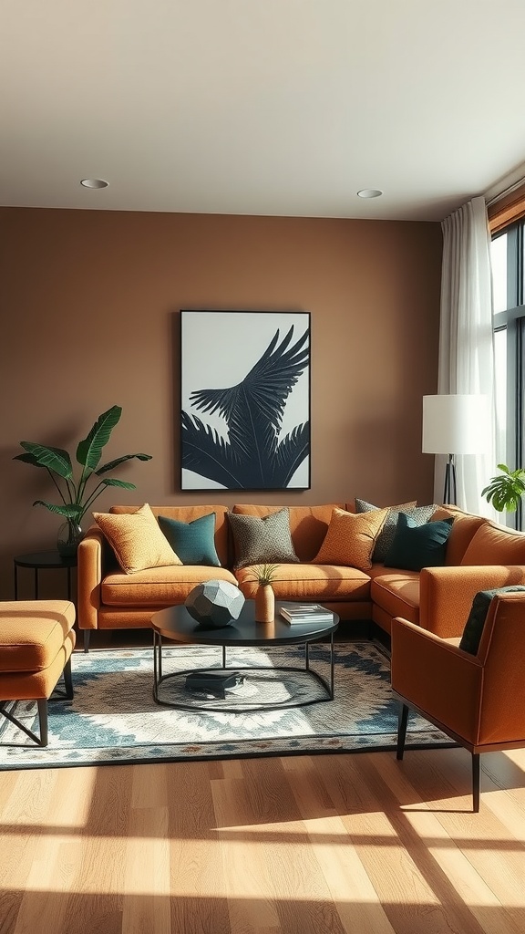 Cozy living room with earthy tones and dark green accents, featuring orange furniture and houseplants