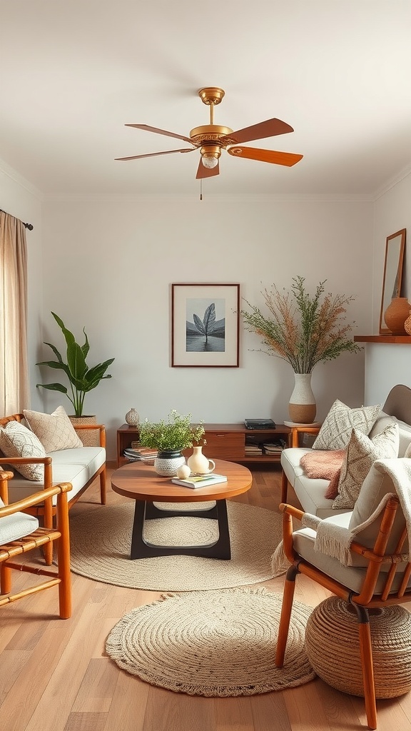 A living room featuring earthy tones and natural textures with wooden furniture, plants, and cozy decor