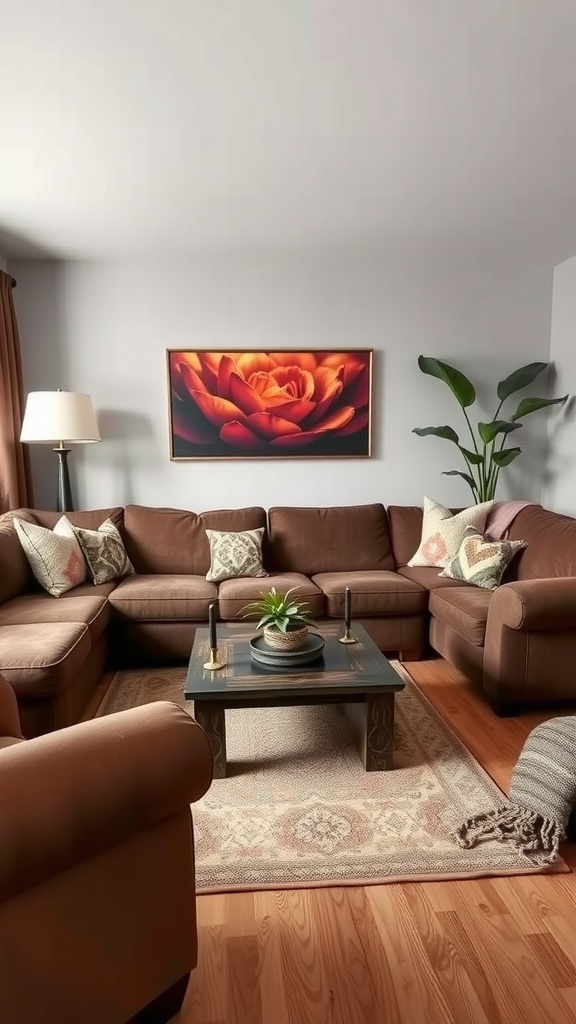 A cozy living room featuring brown furniture, vibrant artwork, and natural accents.