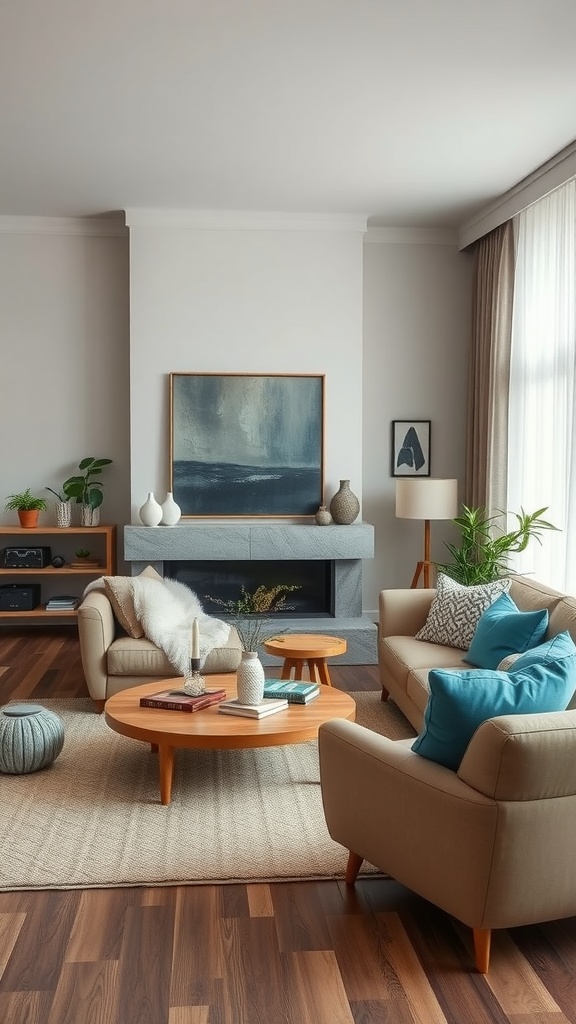 Cozy living room featuring earthy tones with sky blue accents, beige sofas, wood furniture, and plants.