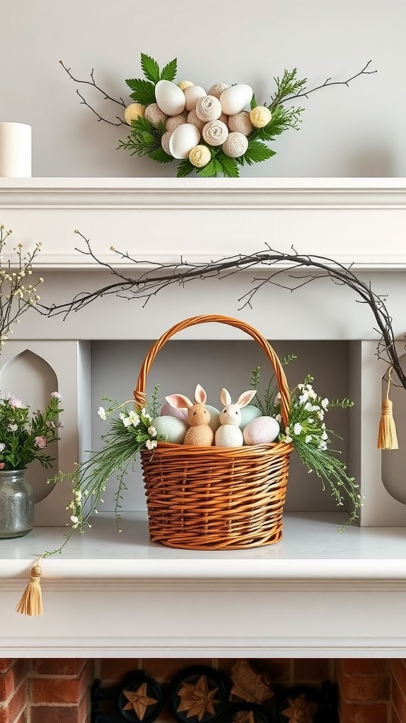 A decorative Easter basket with bunny figures and colorful eggs on a mantel, surrounded by plants and flowers.