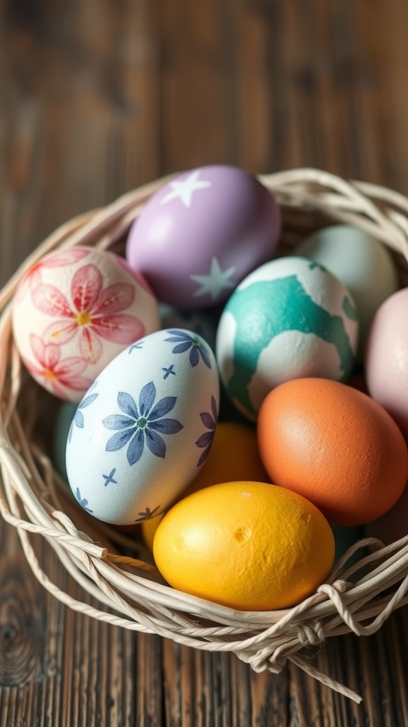 A basket filled with beautifully decorated Easter eggs in various colors and designs.