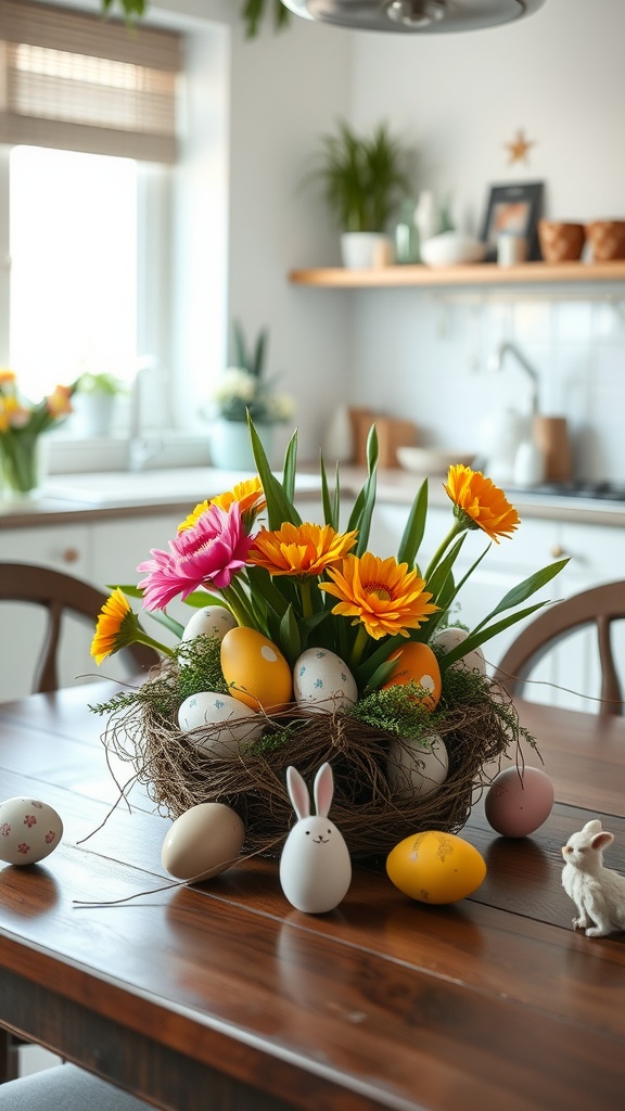 A colorful Easter centerpiece featuring flowers and decorated eggs in a nest-like arrangement on a kitchen table.