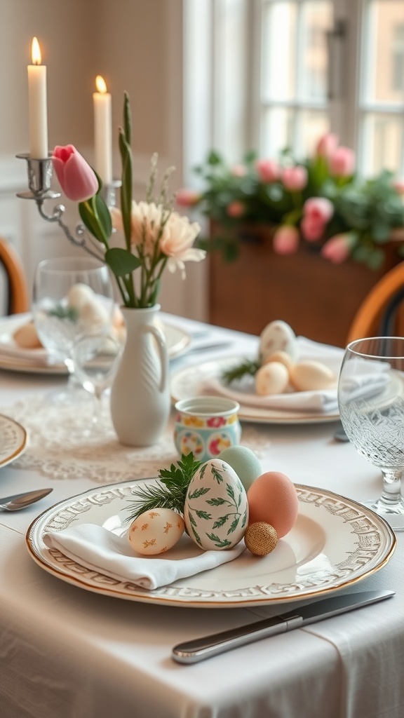 A beautifully set Easter table with colorful eggs as place settings, candles, and flowers.