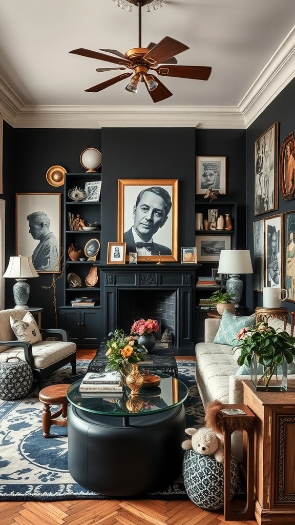 A cozy living room with eclectic accessories, featuring black walls, framed portraits, a round coffee table, and colorful plants.