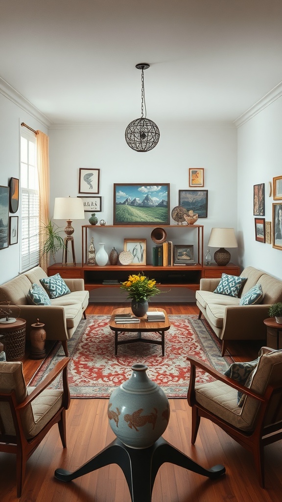 A stylish sunken living room from the 1960s featuring eclectic accessories, a vibrant area rug, and artistic decor.