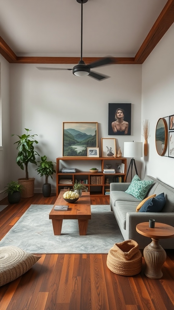 A modern rustic living room featuring a wooden coffee table, cozy sofa with colorful pillows, framed artwork, and indoor plants.