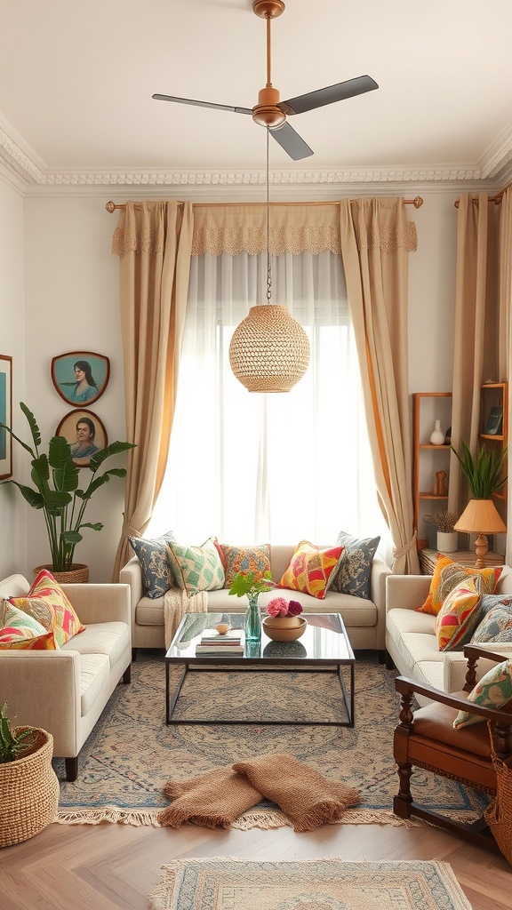 A cozy living room featuring beige sofas, colorful cushions, a woven light fixture, and indoor plants.