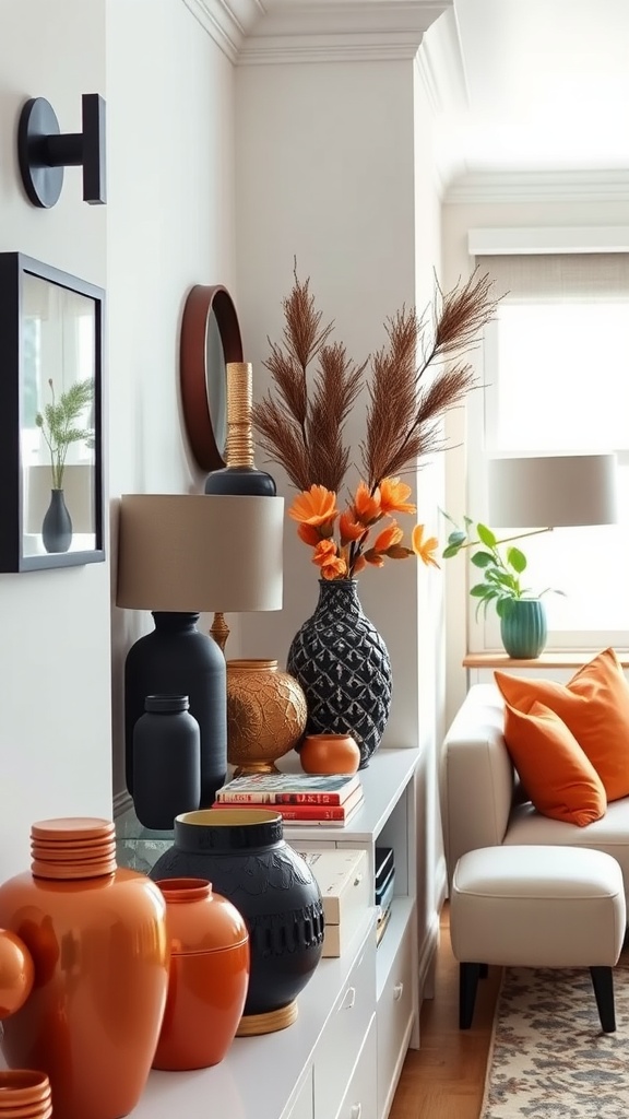 A living room featuring eclectic black and burnt orange accessories, including vases, lamps, and colorful cushions.