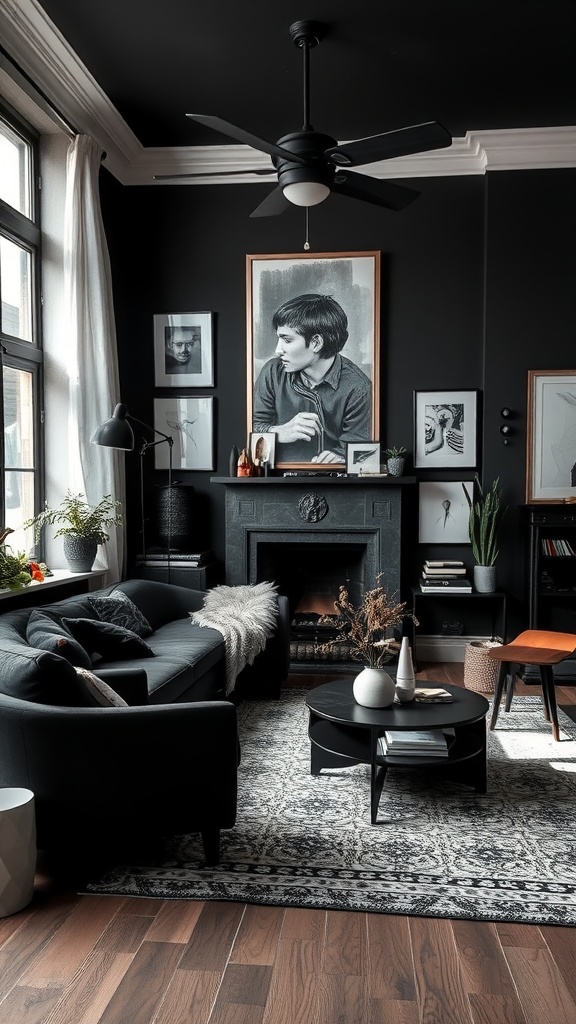 A cozy living room with black walls, a black sofa, a fireplace, and various artworks.