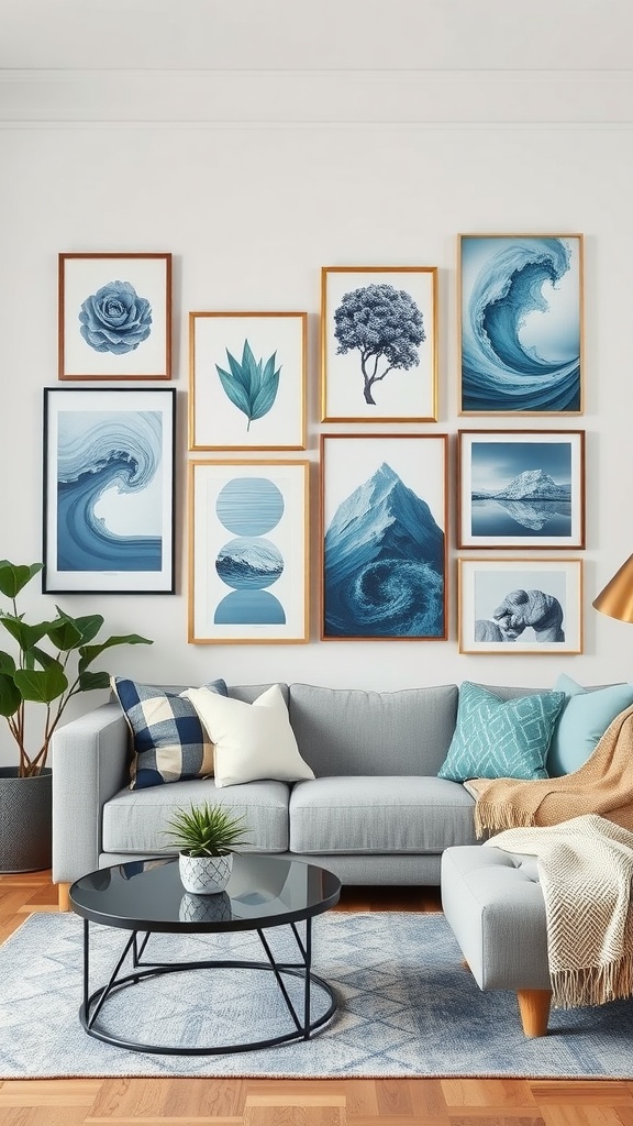 Eclectic gallery wall with blue and gray artwork above a gray sofa