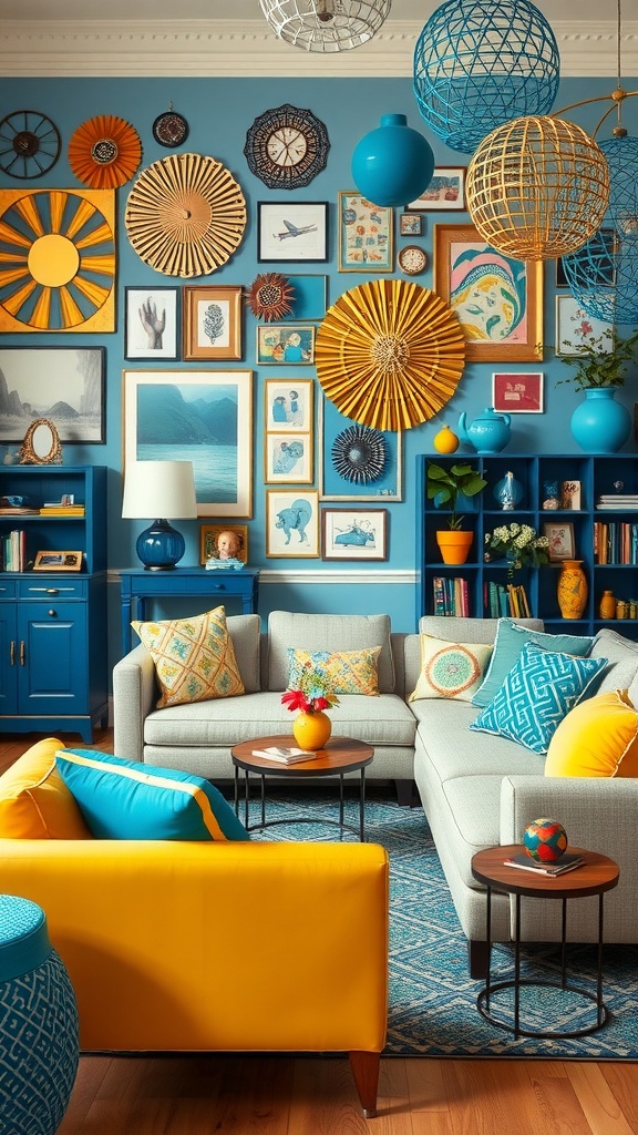 A vibrant living room with blue walls and yellow accessories including cushions and a sofa, featuring eclectic wall decor and colorful pendant lights.