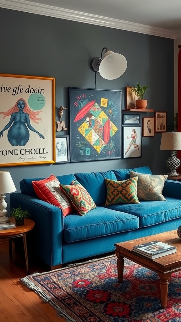 A vibrant living room featuring a blue couch with colorful cushions, eclectic wall art, and a patterned rug.