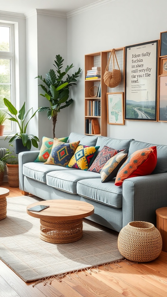 Cozy living room with a grey couch adorned with colorful patterned pillows, wooden coffee table, woven baskets, and plants, showcasing eclectic bohemian style.