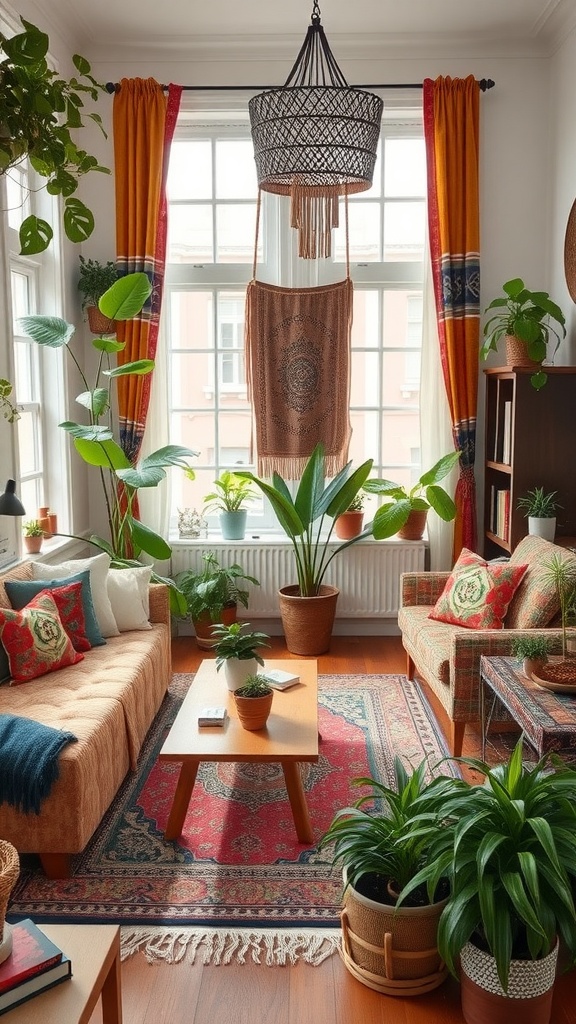 A cozy living room featuring eclectic bohemian decor with vibrant curtains, plants, and a mix of furniture styles.