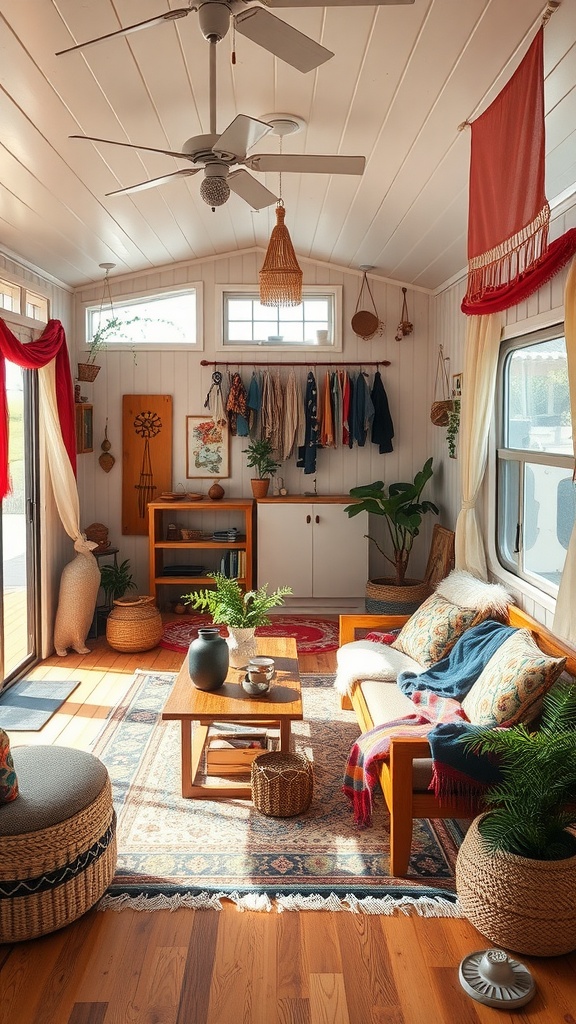 A bright mobile home living room with eclectic bohemian decor, featuring wooden furniture, colorful cushions, plants, and a cozy atmosphere.