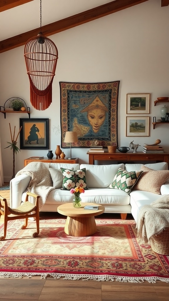 An eclectic bohemian living room featuring a white couch, colorful cushions, a tapestry, and a wooden coffee table.