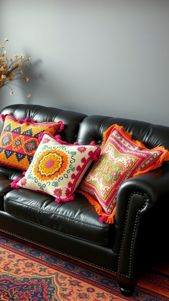 A black leather couch adorned with colorful bohemian-style pillows, set against a soft gray wall and a patterned area rug.