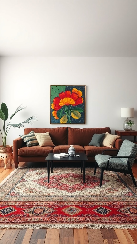 Eclectic bohemian living room featuring a brown couch, colorful artwork, and patterned rug.