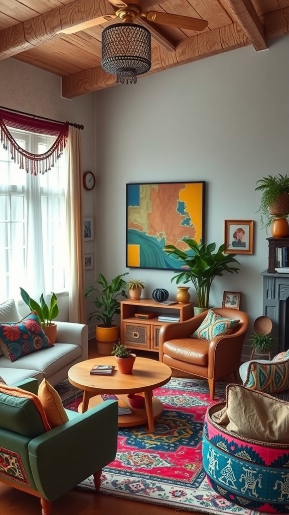 A cozy living room featuring eclectic bohemian style with vibrant textiles, plants, and mixed furniture.