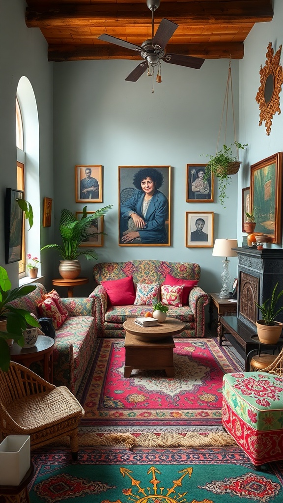 An eclectic bohemian sunken living room featuring colorful furniture, framed artwork, and plants.