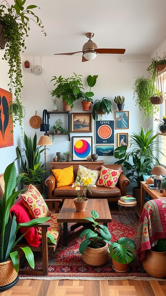 A cozy living room with a leather sofa, colorful cushions, potted plants, and framed artwork on the walls.