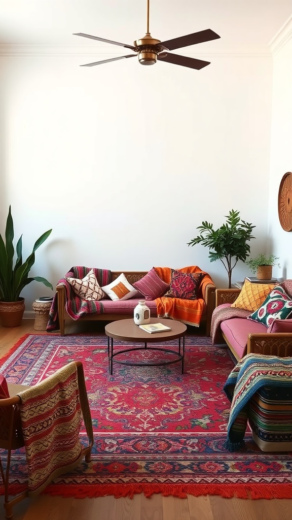 A cozy living room with a white accent wall, colorful rugs, and eclectic decor.