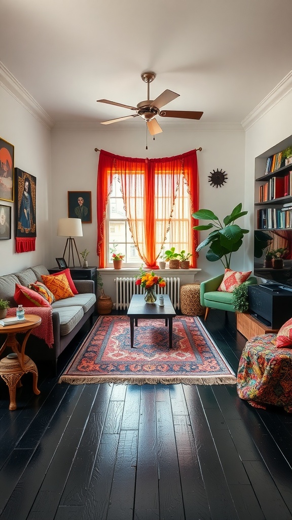 A bohemian-style living room with black floor, featuring colorful curtains, eclectic furniture, and indoor plants.