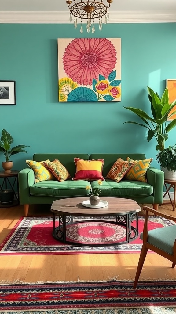 A vibrant living room featuring a green sofa, colorful pillows, a wooden coffee table, and plants, set against a teal wall with bold artwork.