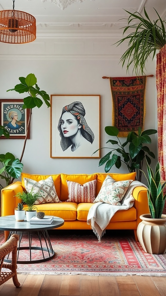 A cozy living room featuring a mustard yellow sofa, layered with patterned pillows, surrounded by plants, artwork, and a vibrant area rug.