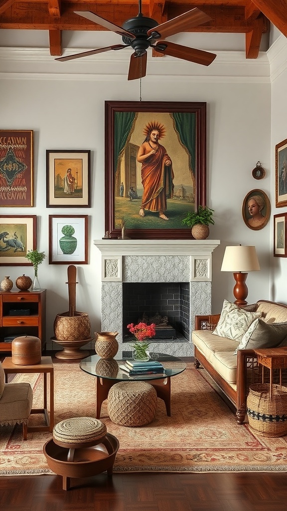 A cozy living room featuring eclectic brown decor with a large painting, wooden furniture, and natural textures.