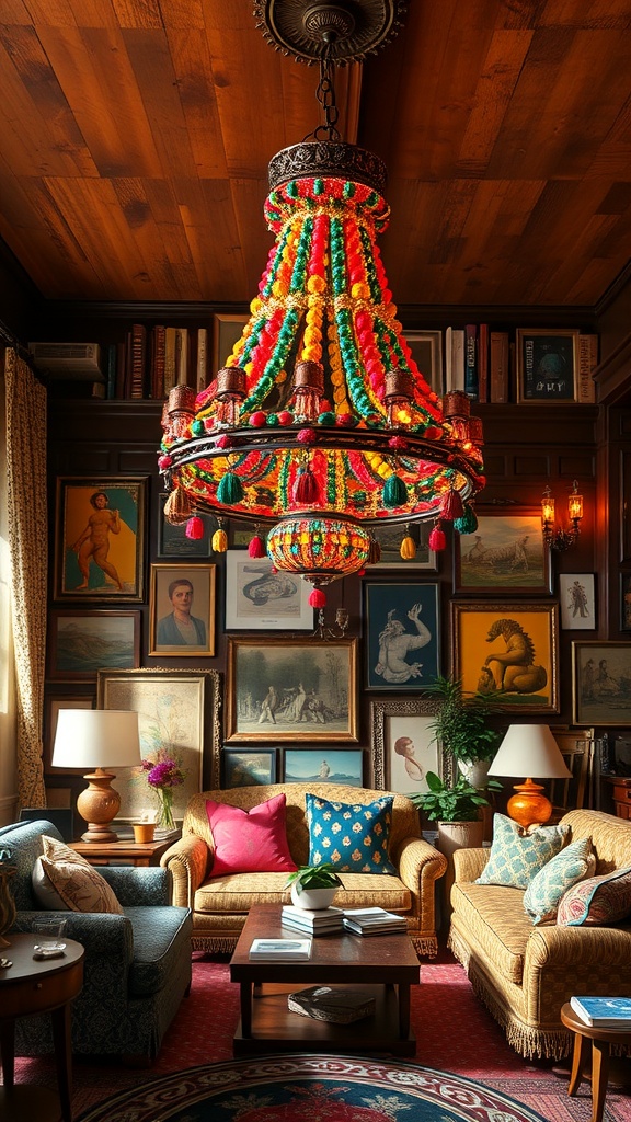 A colorful chandelier hanging in a cozy living room filled with eclectic decor.