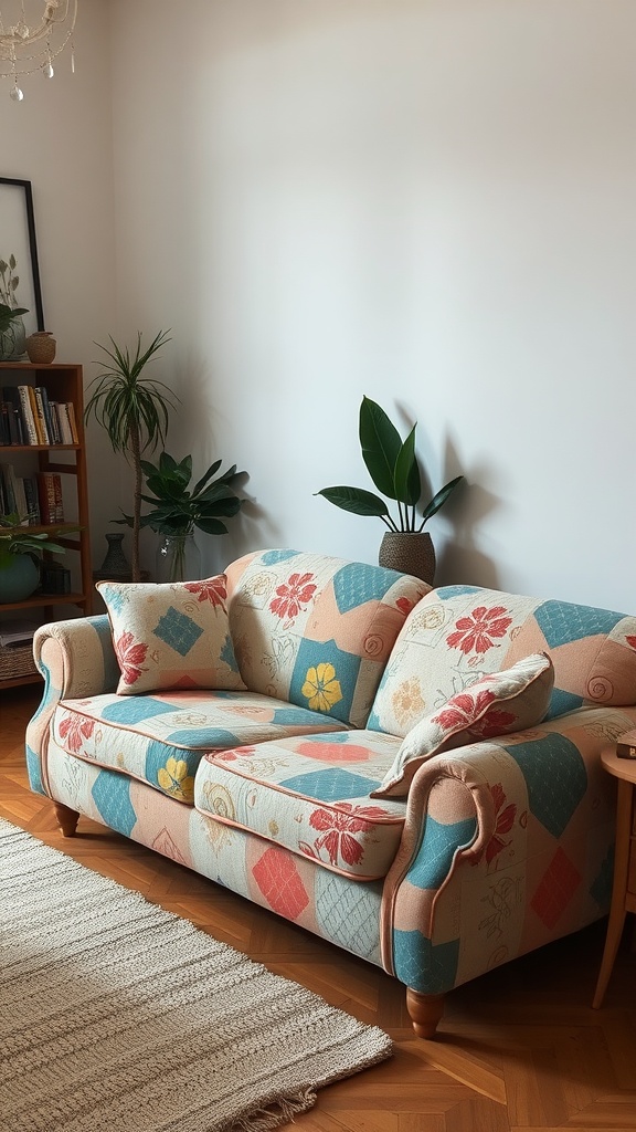 An eclectic couch with floral and geometric patterns in a cozy living room setting.