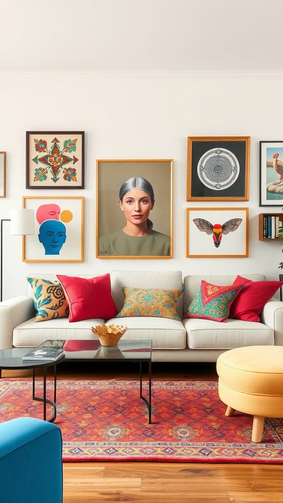 A cream couch adorned with colorful pillows in an eclectic living room, surrounded by vibrant artwork and a stylish rug.