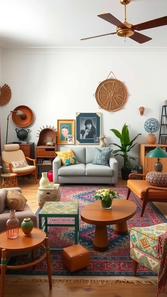 A cozy and eclectic living room featuring a mix of boho and industrial furniture styles.