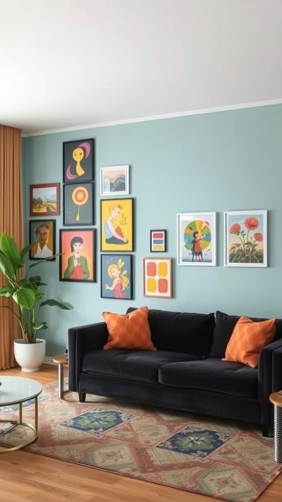 Living room with a black couch and an eclectic gallery wall decorated with various art pieces.