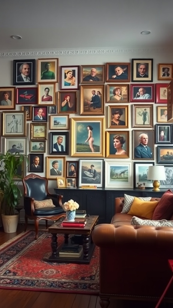 A cozy living room featuring an eclectic gallery wall filled with various vintage portraits in ornate frames.