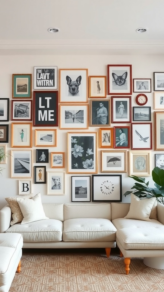 An eclectic gallery wall featuring various framed artworks and photographs.