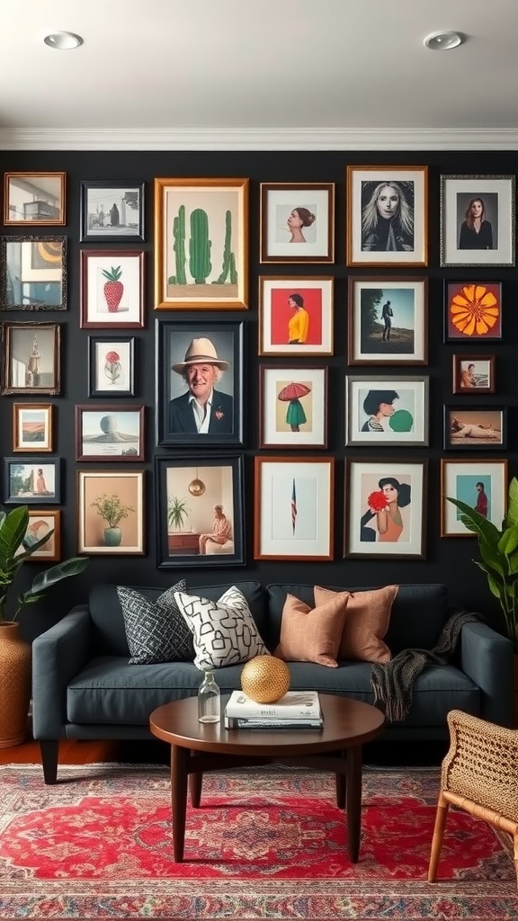 An eclectic gallery wall featuring various framed artworks and photographs in a cozy living room setting, with a dark background.