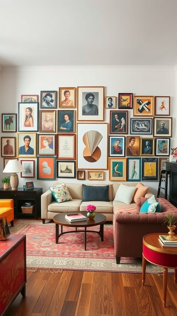 A colorful and eclectic gallery wall with a variety of framed art pieces in a cozy living room setting.