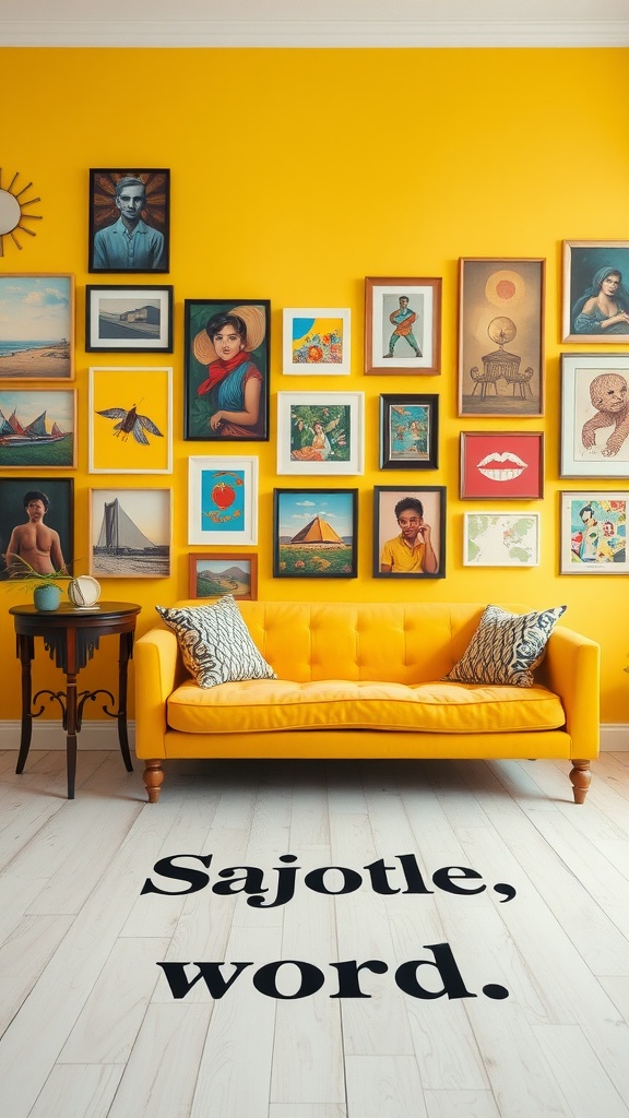 A bright yellow couch in front of a gallery wall filled with various artworks and a phrase on the floor.