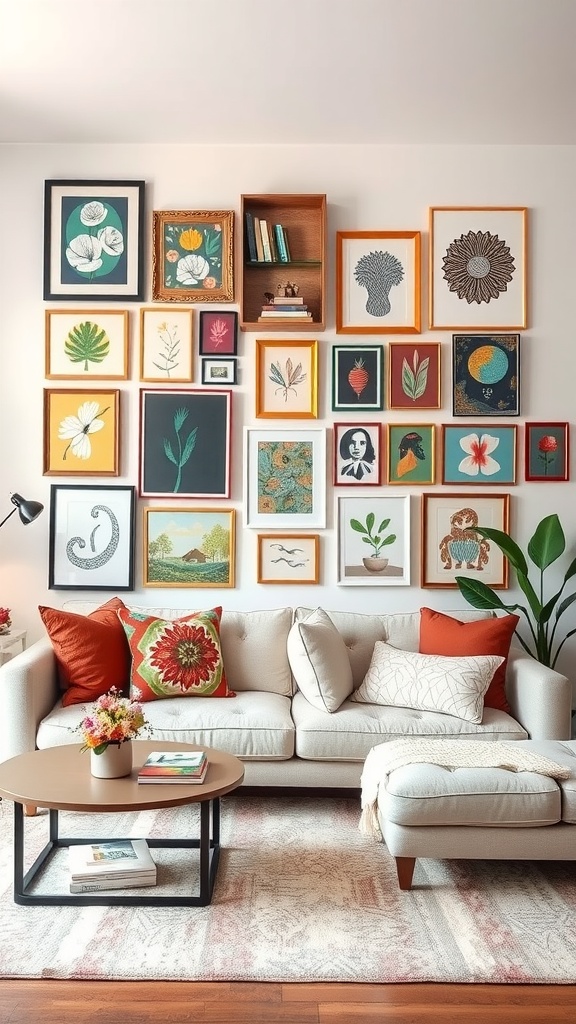 An eclectic gallery wall featuring a variety of framed artworks in different styles and colors.