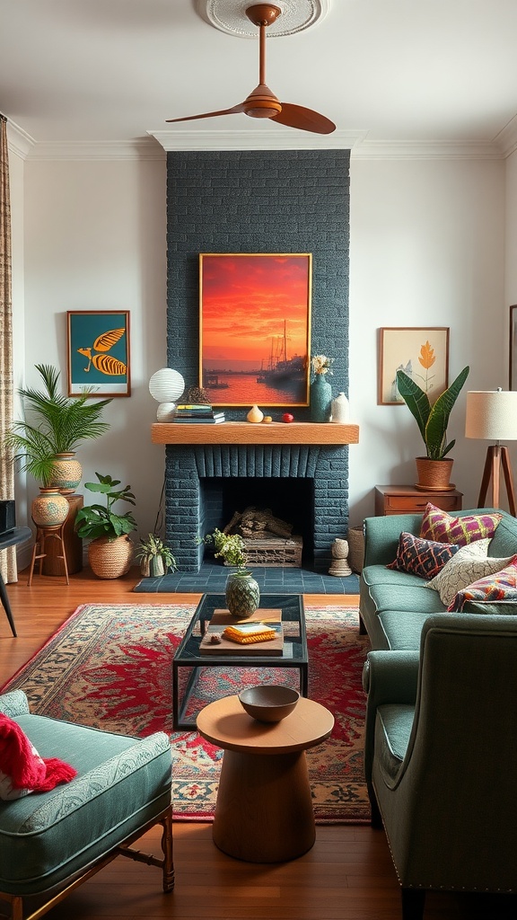 An eclectic living room featuring a black brick fireplace, vibrant artwork, teal furniture, and various plants and decor items.